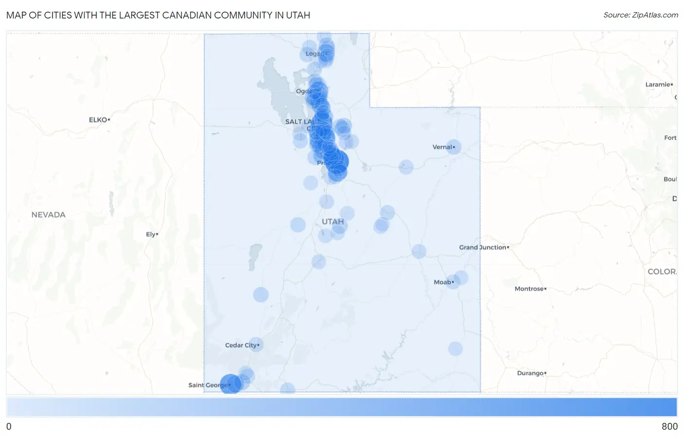 Cities with the Largest Canadian Community in Utah Map