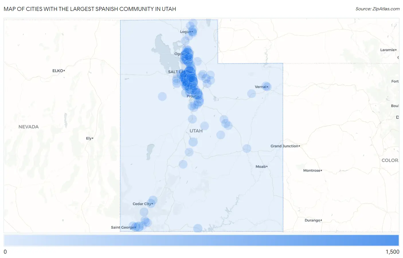 Cities with the Largest Spanish Community in Utah Map