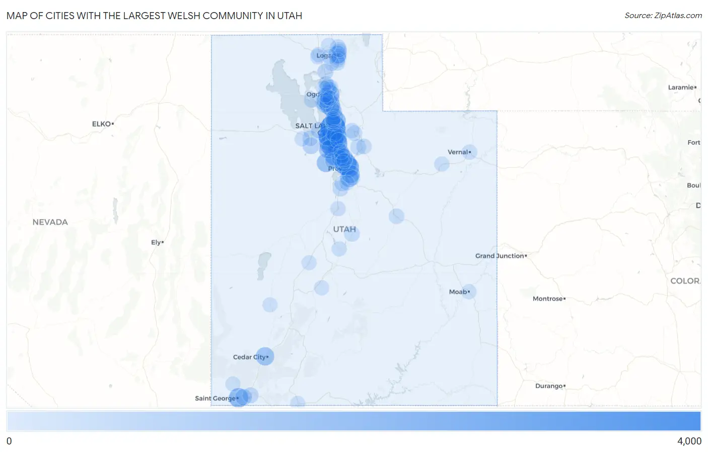 Cities with the Largest Welsh Community in Utah Map