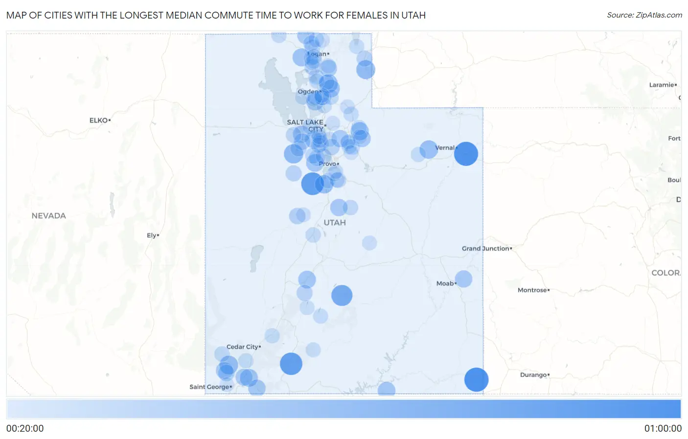 Cities with the Longest Median Commute Time to Work for Females in Utah Map