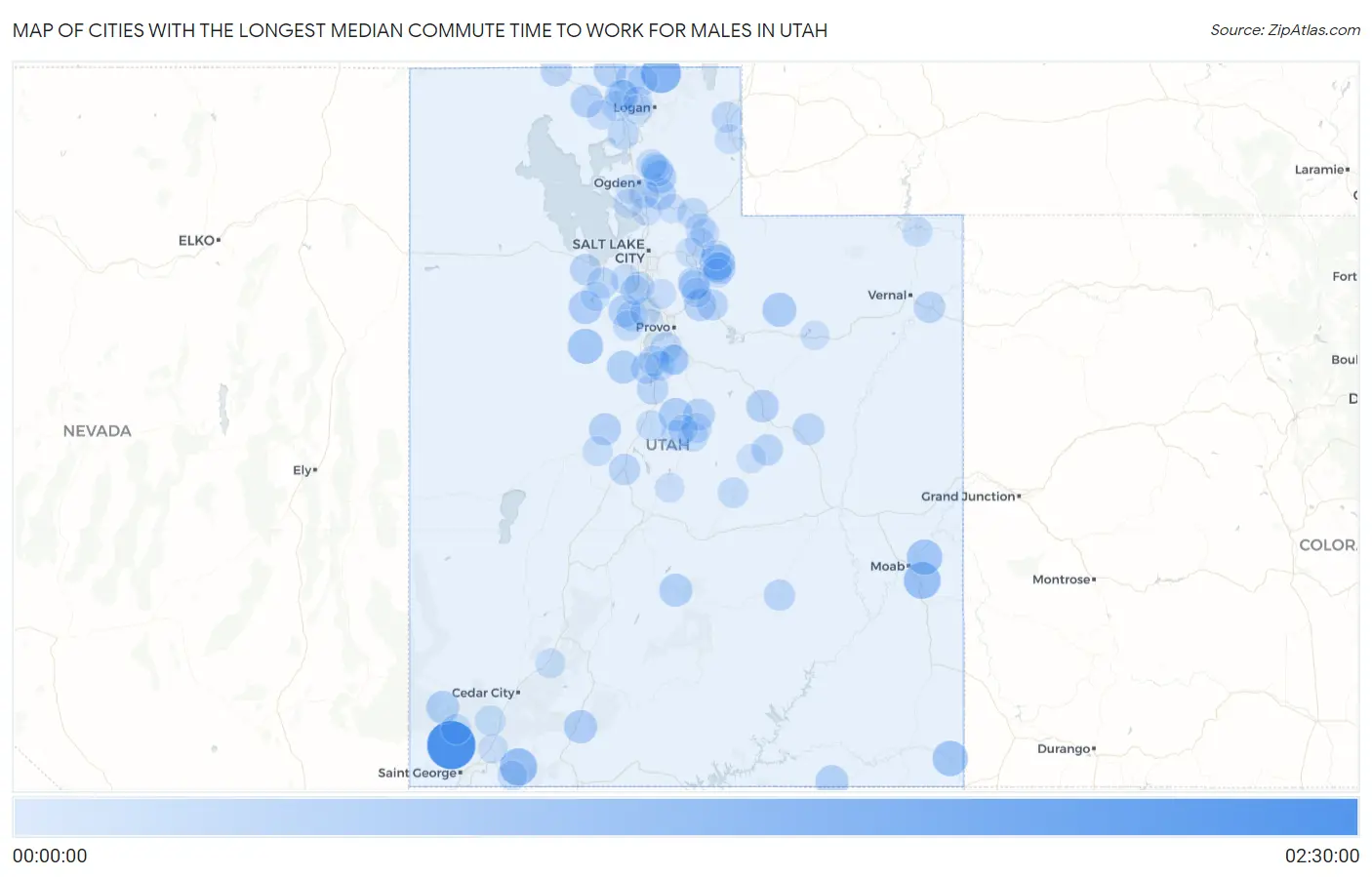 Cities with the Longest Median Commute Time to Work for Males in Utah Map