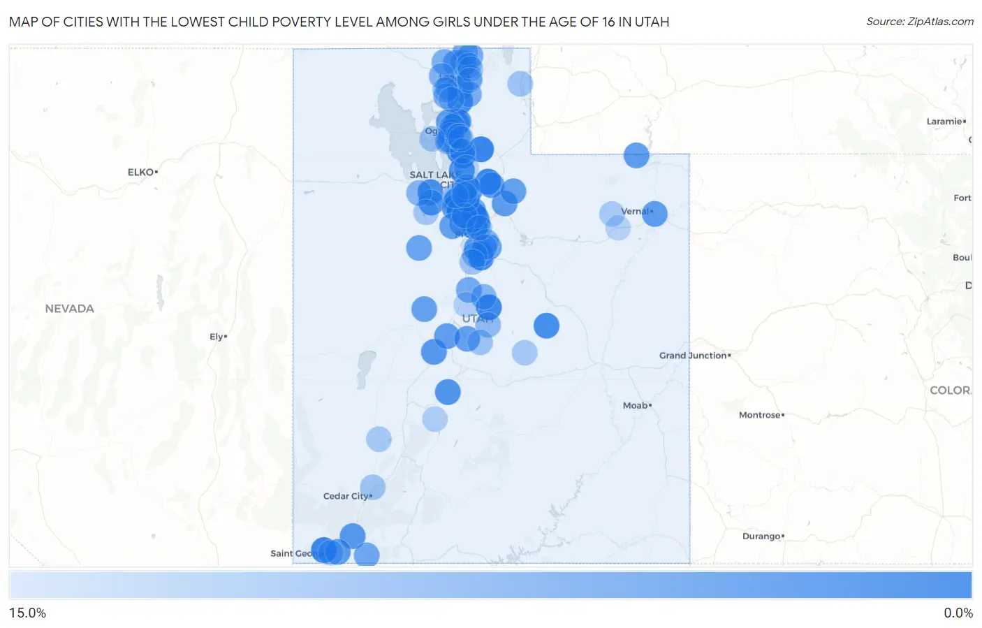 Cities with the Lowest Child Poverty Level Among Girls Under the Age of 16 in Utah Map