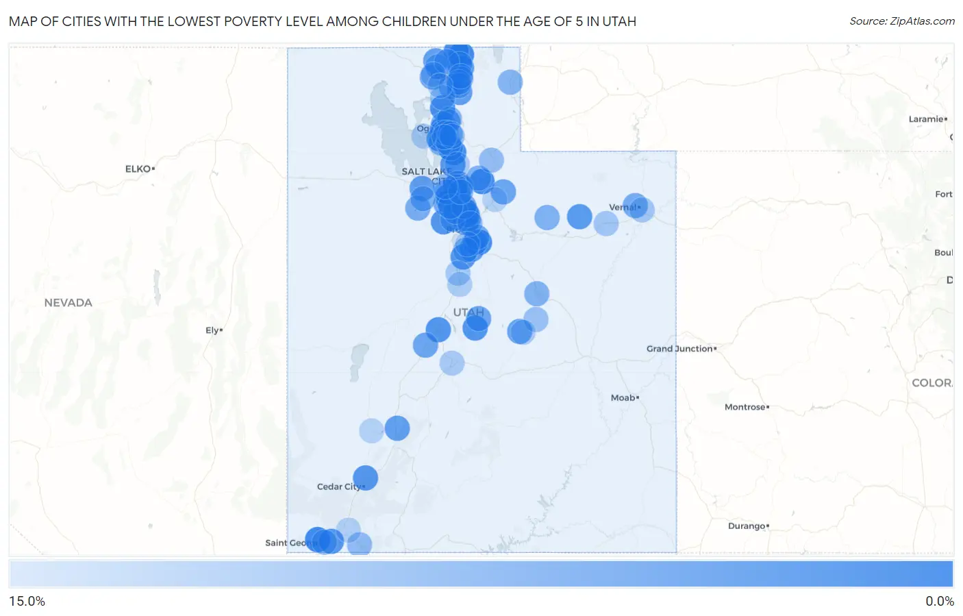 Cities with the Lowest Poverty Level Among Children Under the Age of 5 in Utah Map