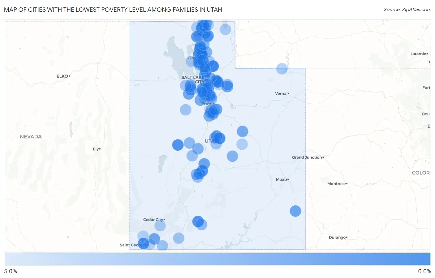 Cities with the Lowest Poverty Level Among Families in Utah Map