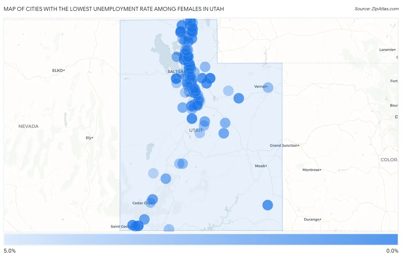 Cities with the Lowest Unemployment Rate Among Females in Utah Map