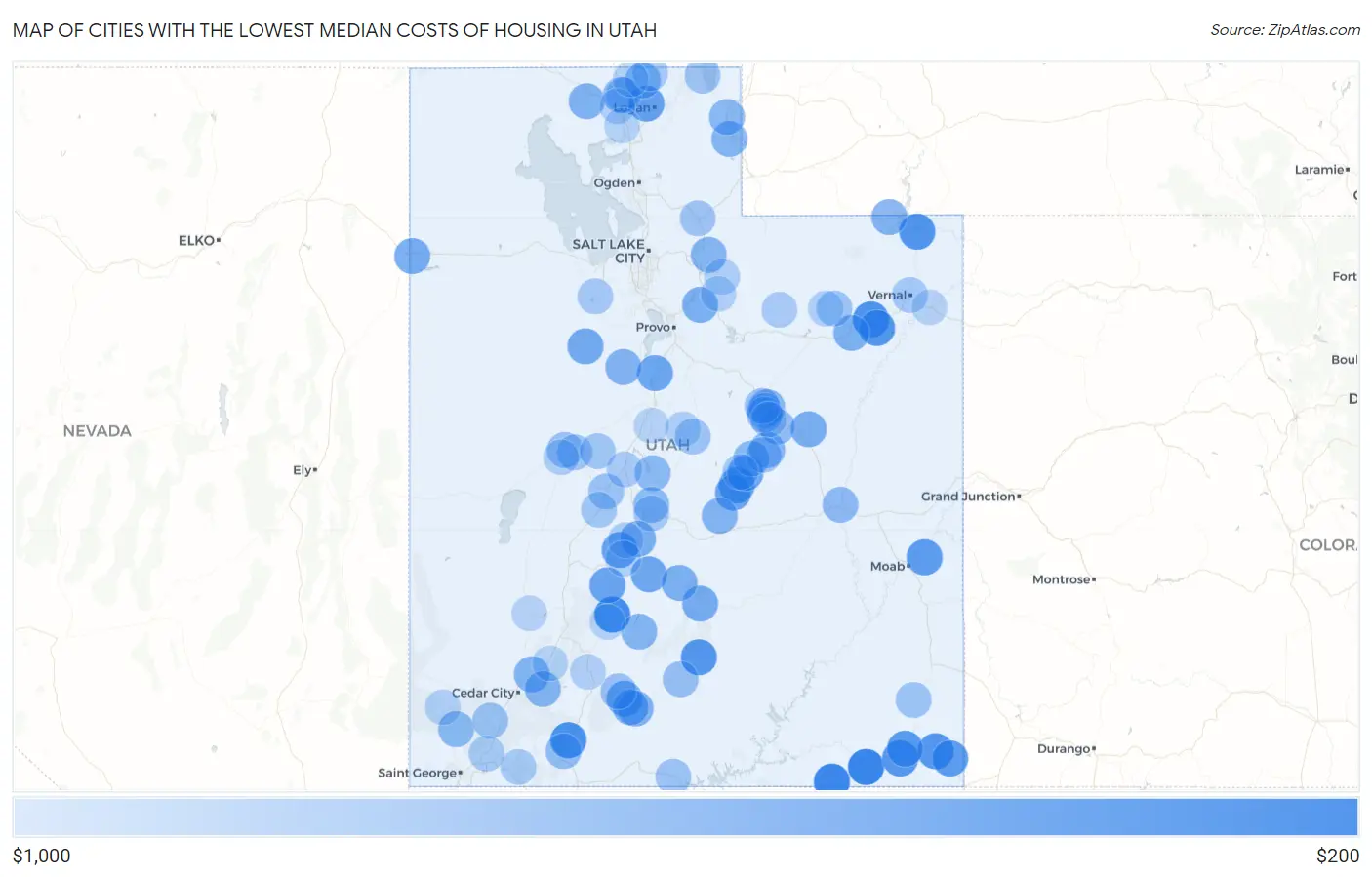 Cities with the Lowest Median Costs of Housing in Utah Map