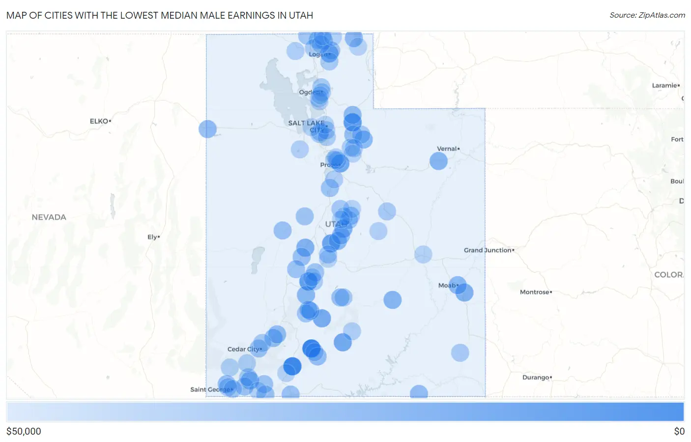 Cities with the Lowest Median Male Earnings in Utah Map