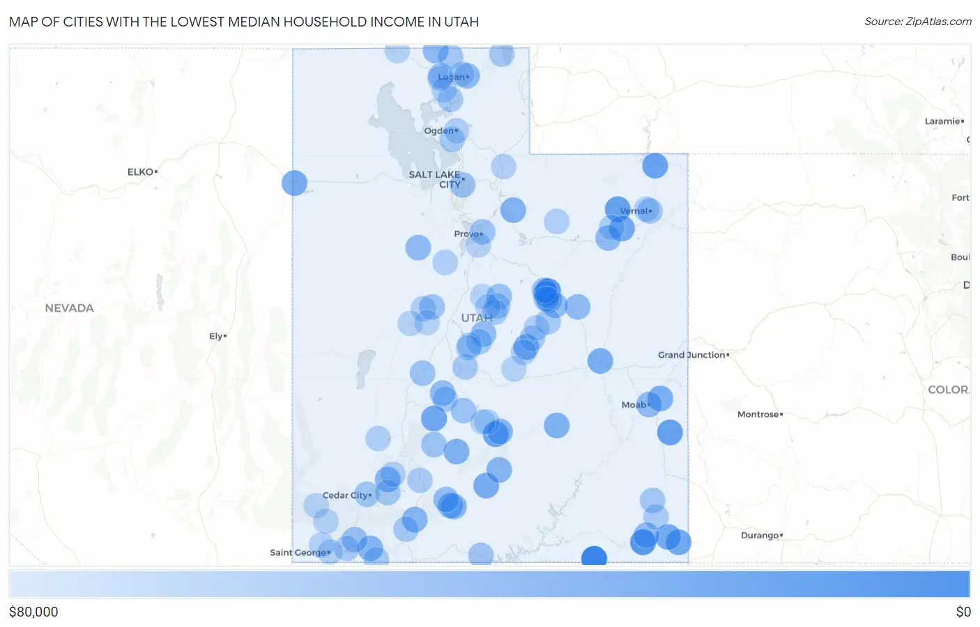Cities with the Lowest Median Household Income in Utah Map