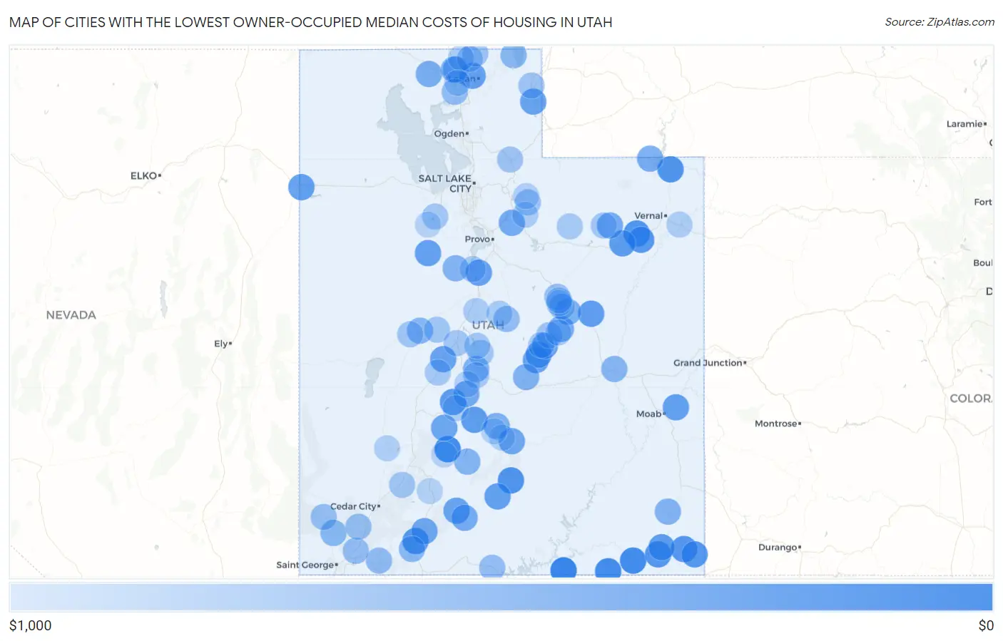 Cities with the Lowest Owner-Occupied Median Costs of Housing in Utah Map