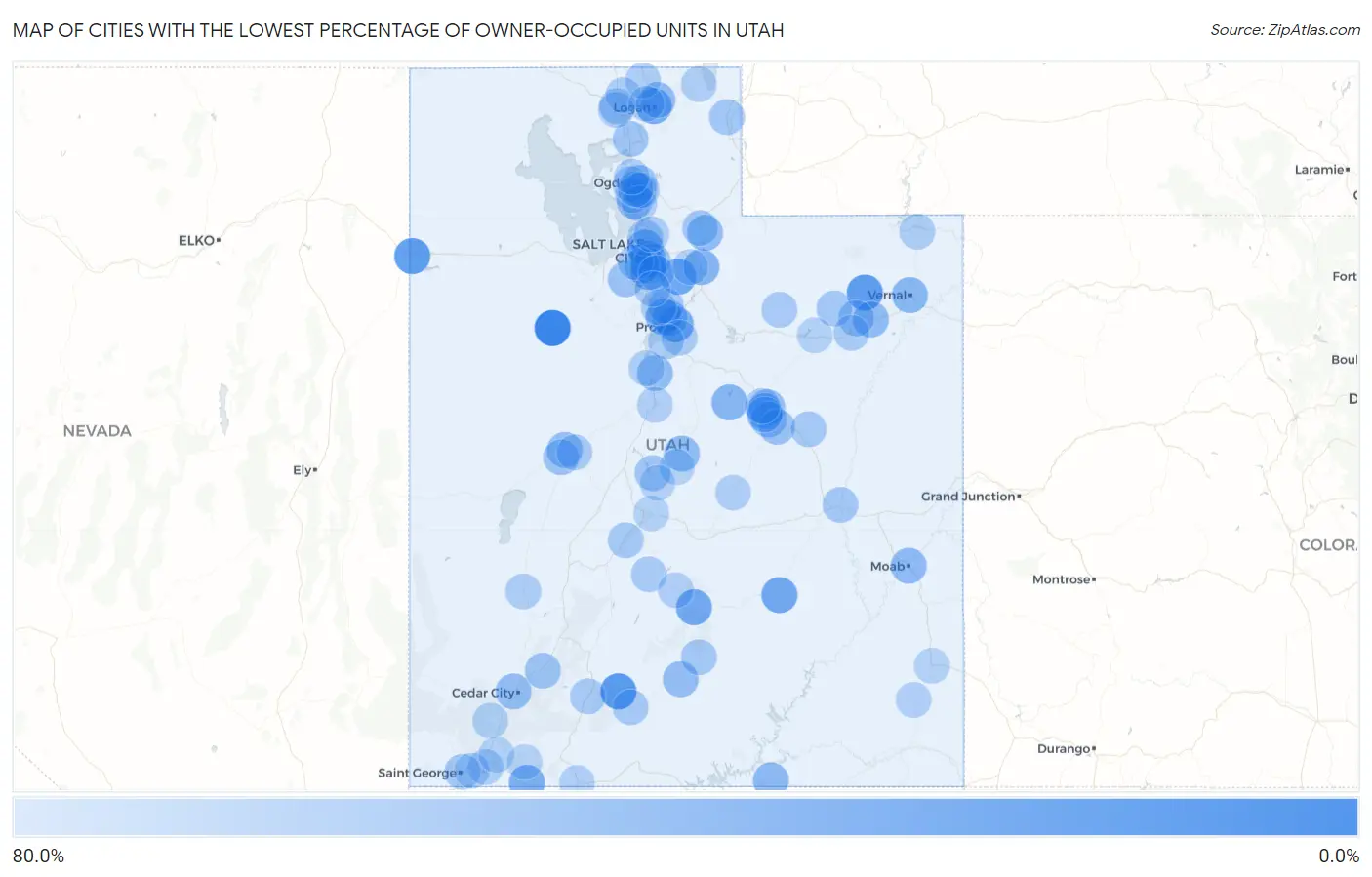 Cities with the Lowest Percentage of Owner-Occupied Units in Utah Map