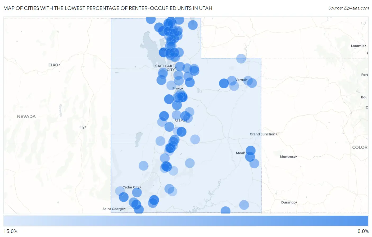 Cities with the Lowest Percentage of Renter-Occupied Units in Utah Map