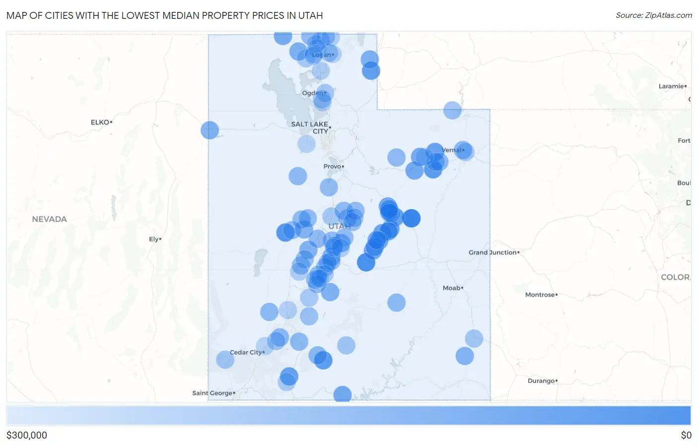 Cities with the Lowest Median Property Prices in Utah Map
