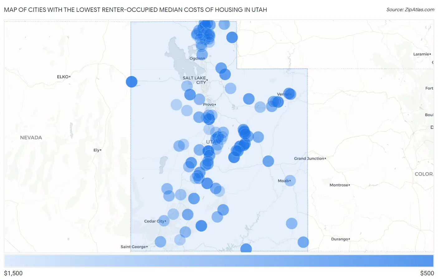 Cities with the Lowest Renter-Occupied Median Costs of Housing in Utah Map