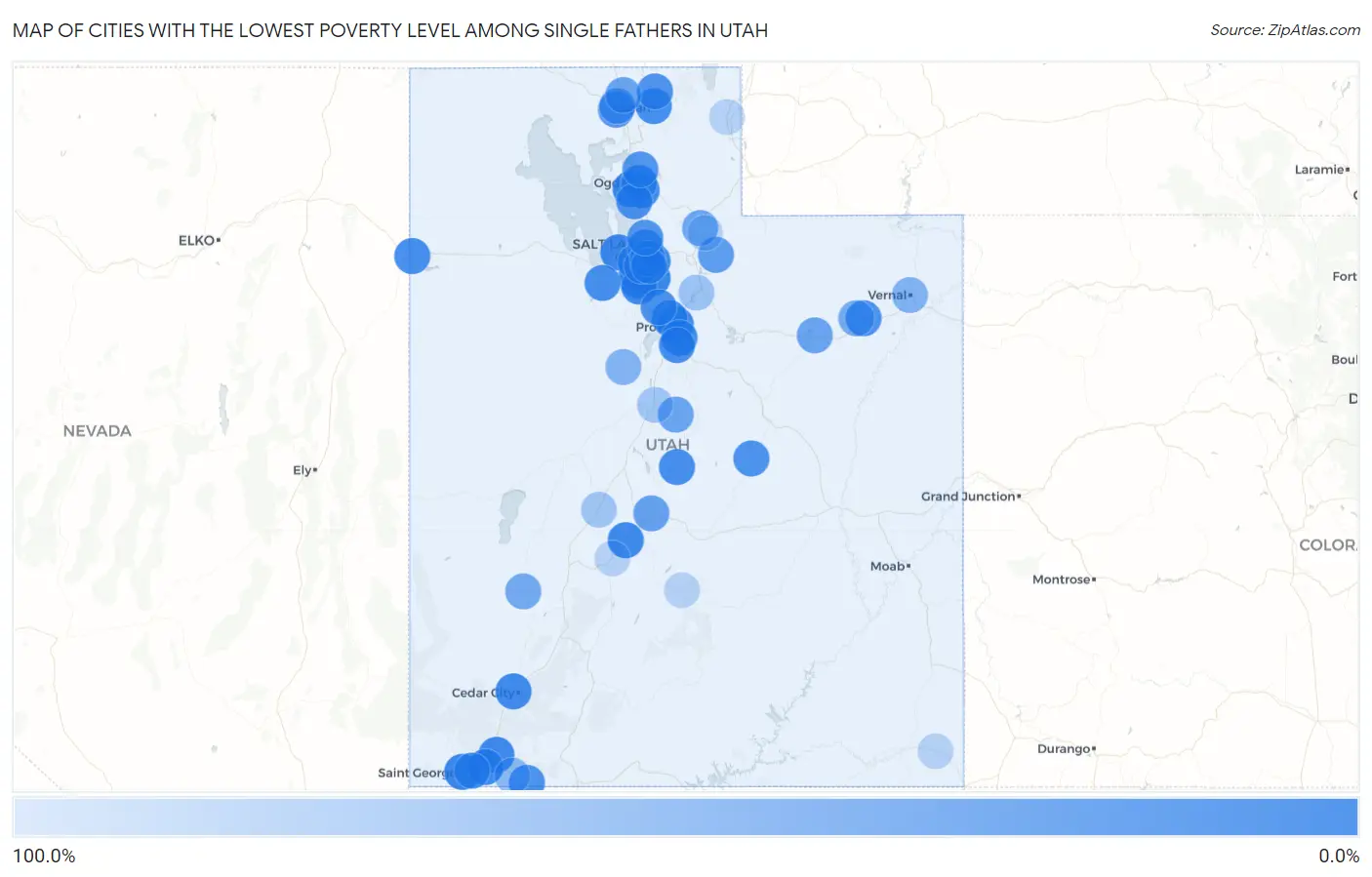 Cities with the Lowest Poverty Level Among Single Fathers in Utah Map