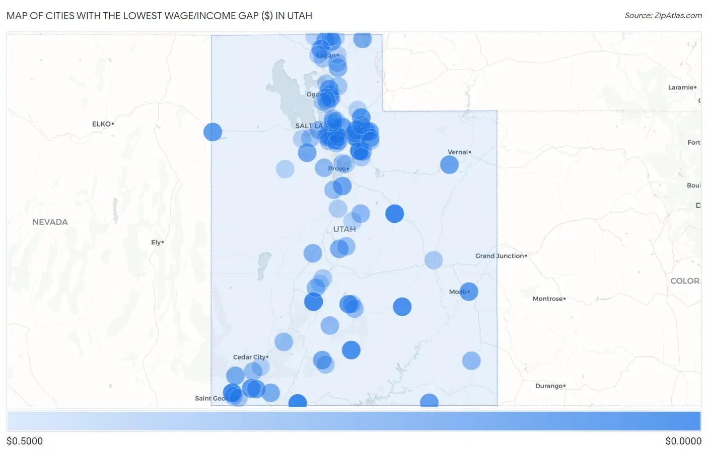 Cities with the Lowest Wage/Income Gap ($) in Utah Map
