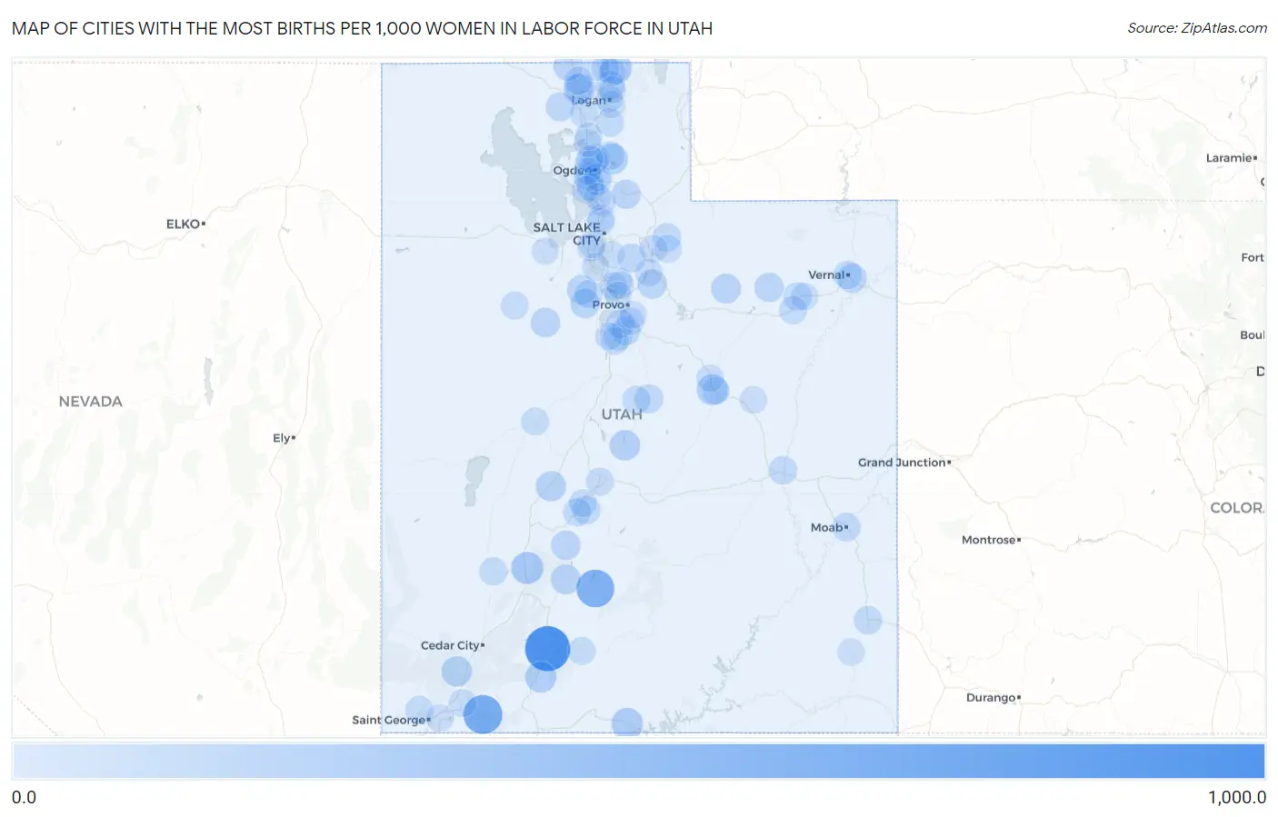 Cities with the Most Births per 1,000 Women in Labor Force in Utah Map