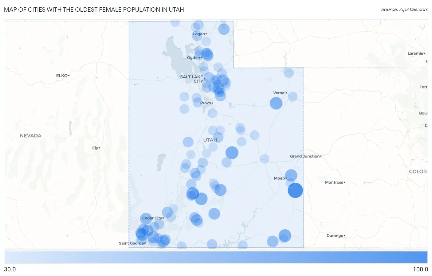 Cities with the Oldest Female Population in Utah Map