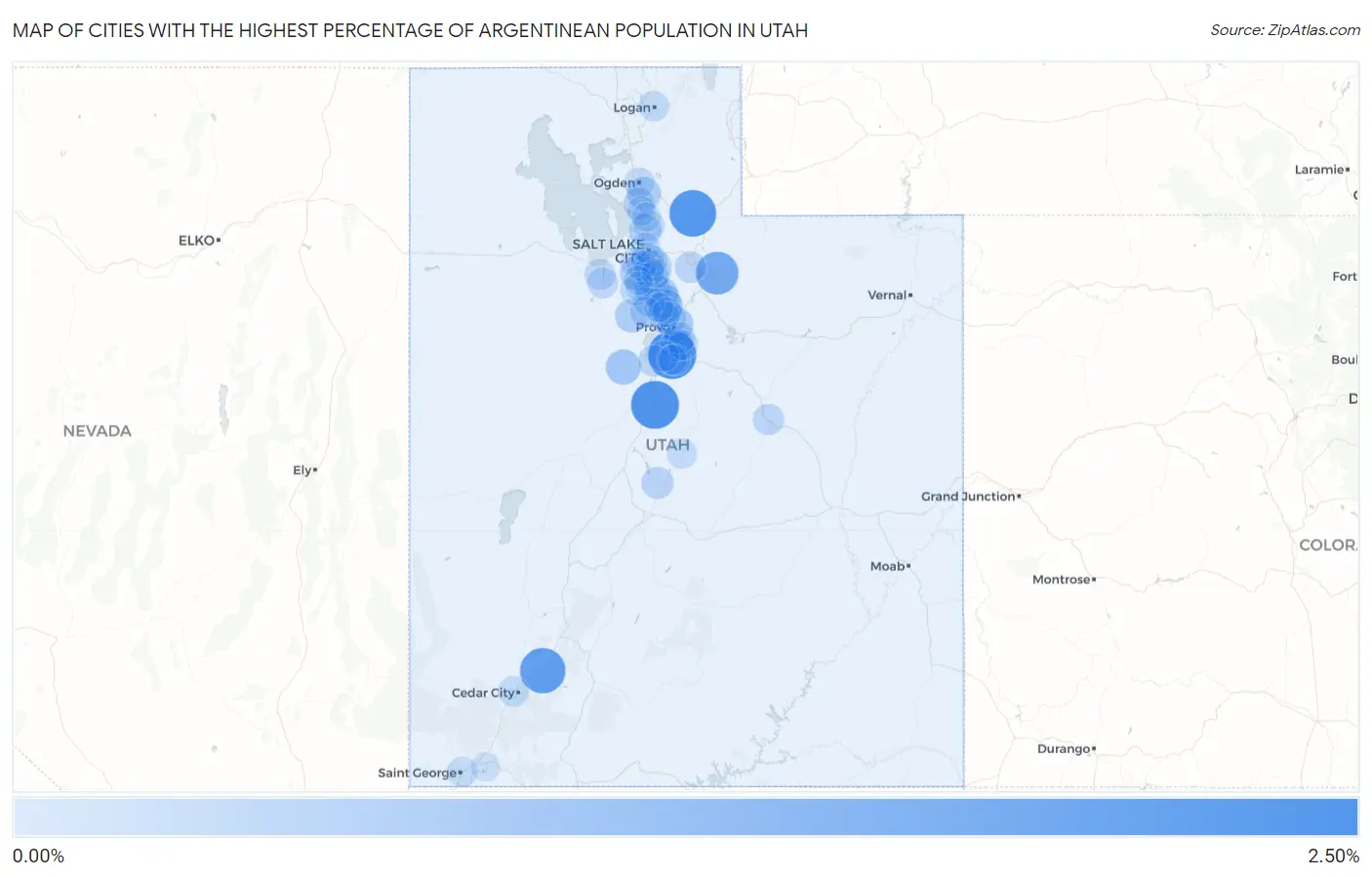 Cities with the Highest Percentage of Argentinean Population in Utah Map