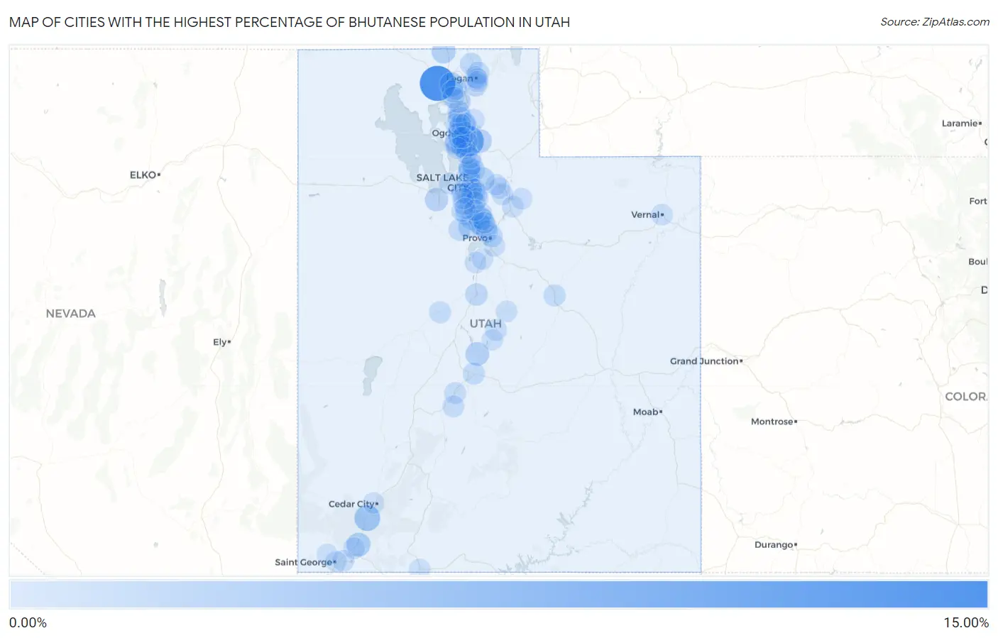 Cities with the Highest Percentage of Bhutanese Population in Utah Map