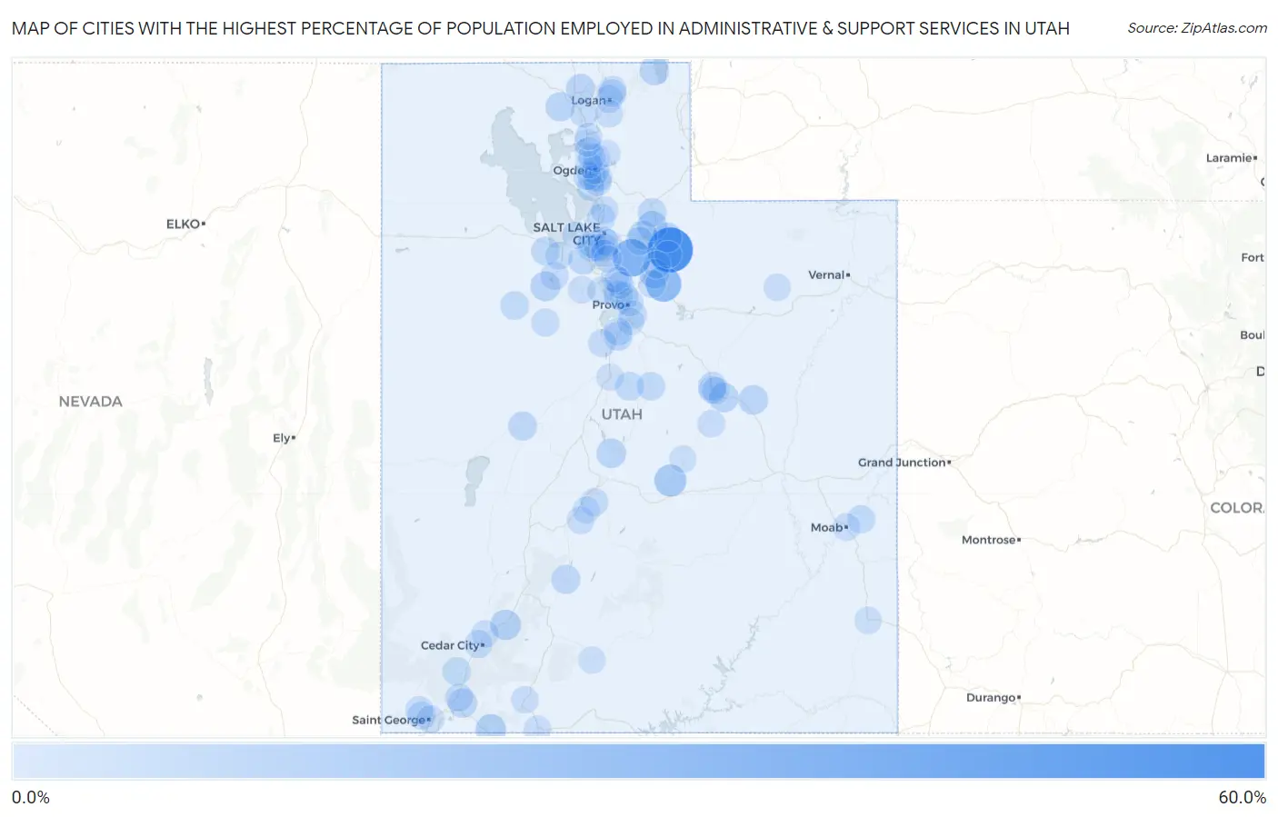 Cities with the Highest Percentage of Population Employed in Administrative & Support Services in Utah Map