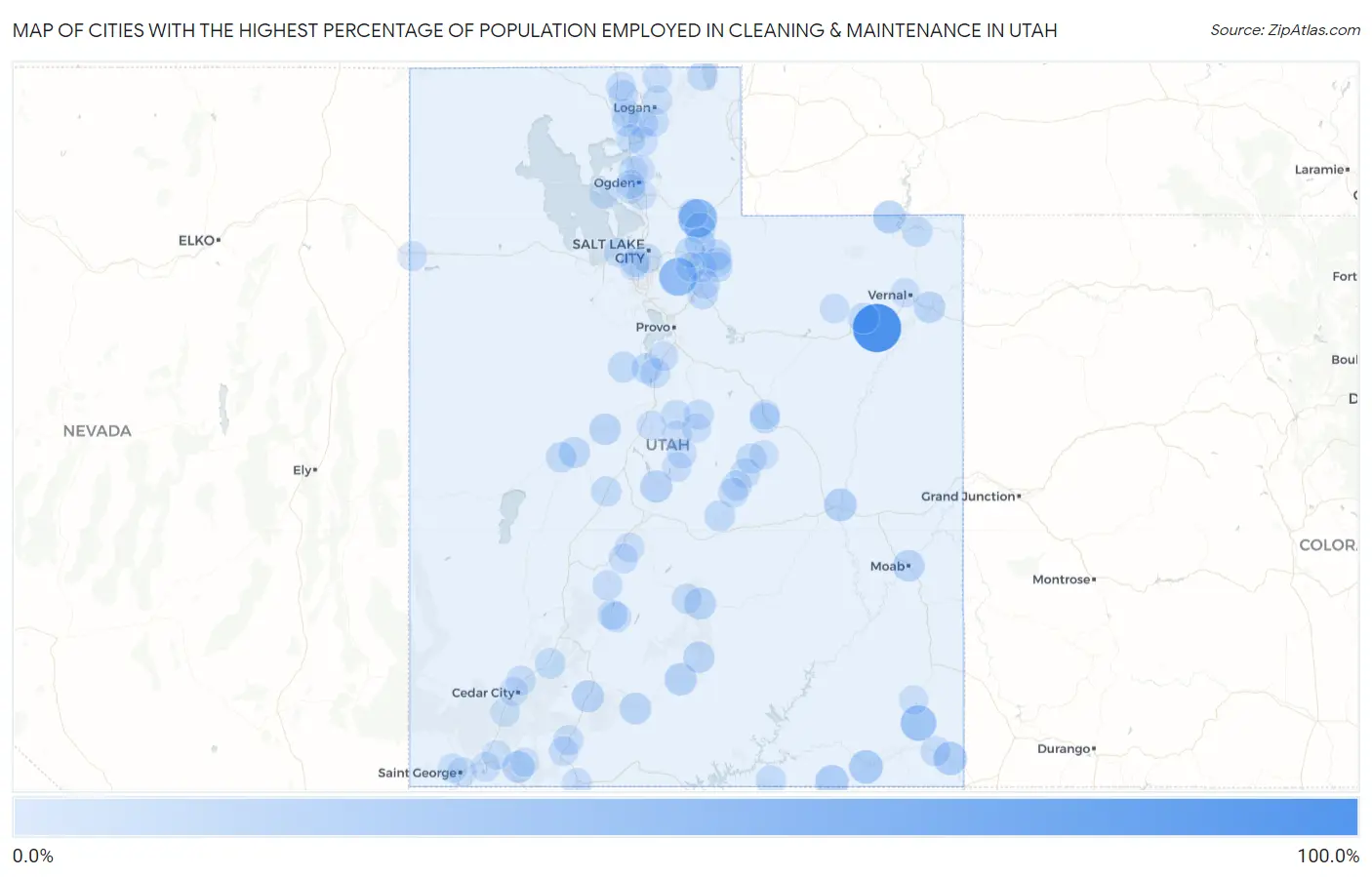 Cities with the Highest Percentage of Population Employed in Cleaning & Maintenance in Utah Map