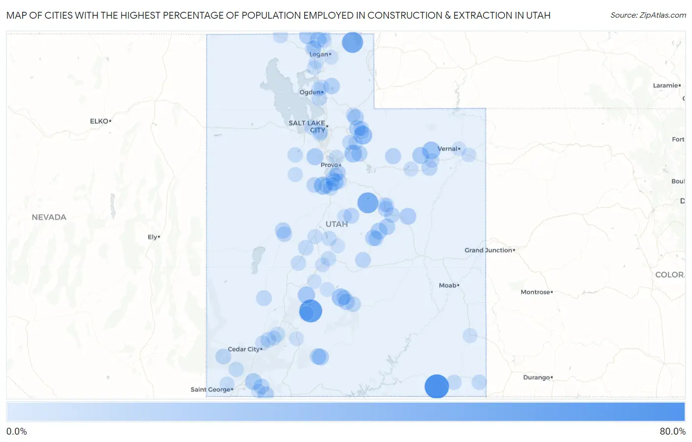 Cities with the Highest Percentage of Population Employed in Construction & Extraction in Utah Map