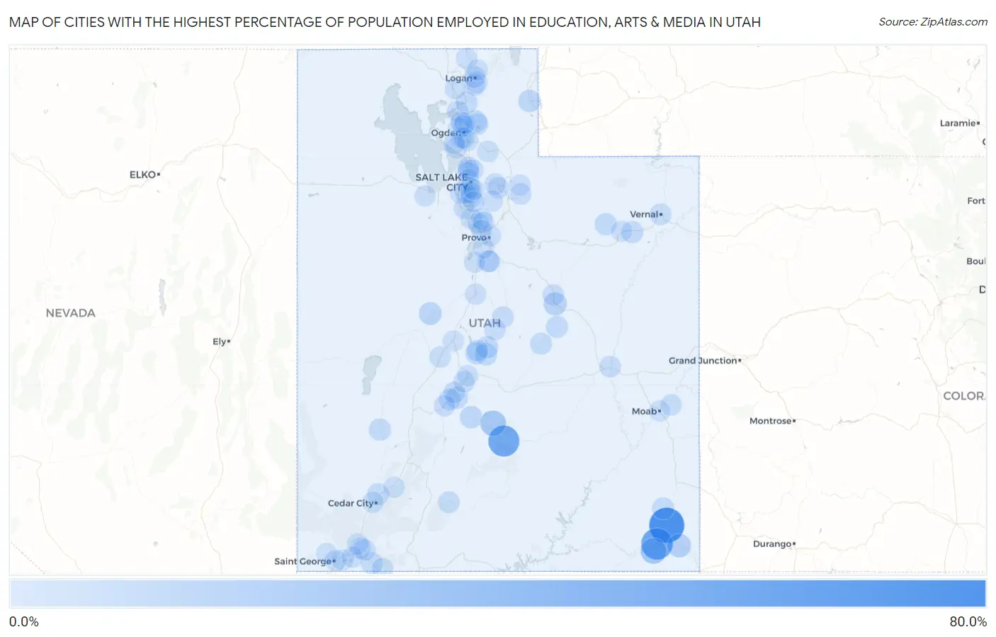 Cities with the Highest Percentage of Population Employed in Education, Arts & Media in Utah Map