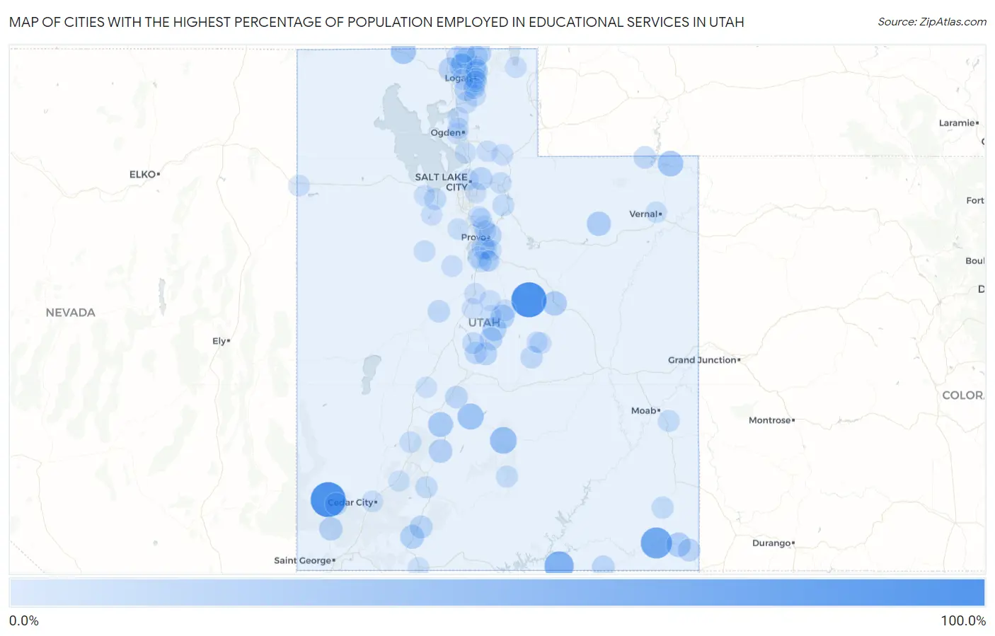 Cities with the Highest Percentage of Population Employed in Educational Services in Utah Map