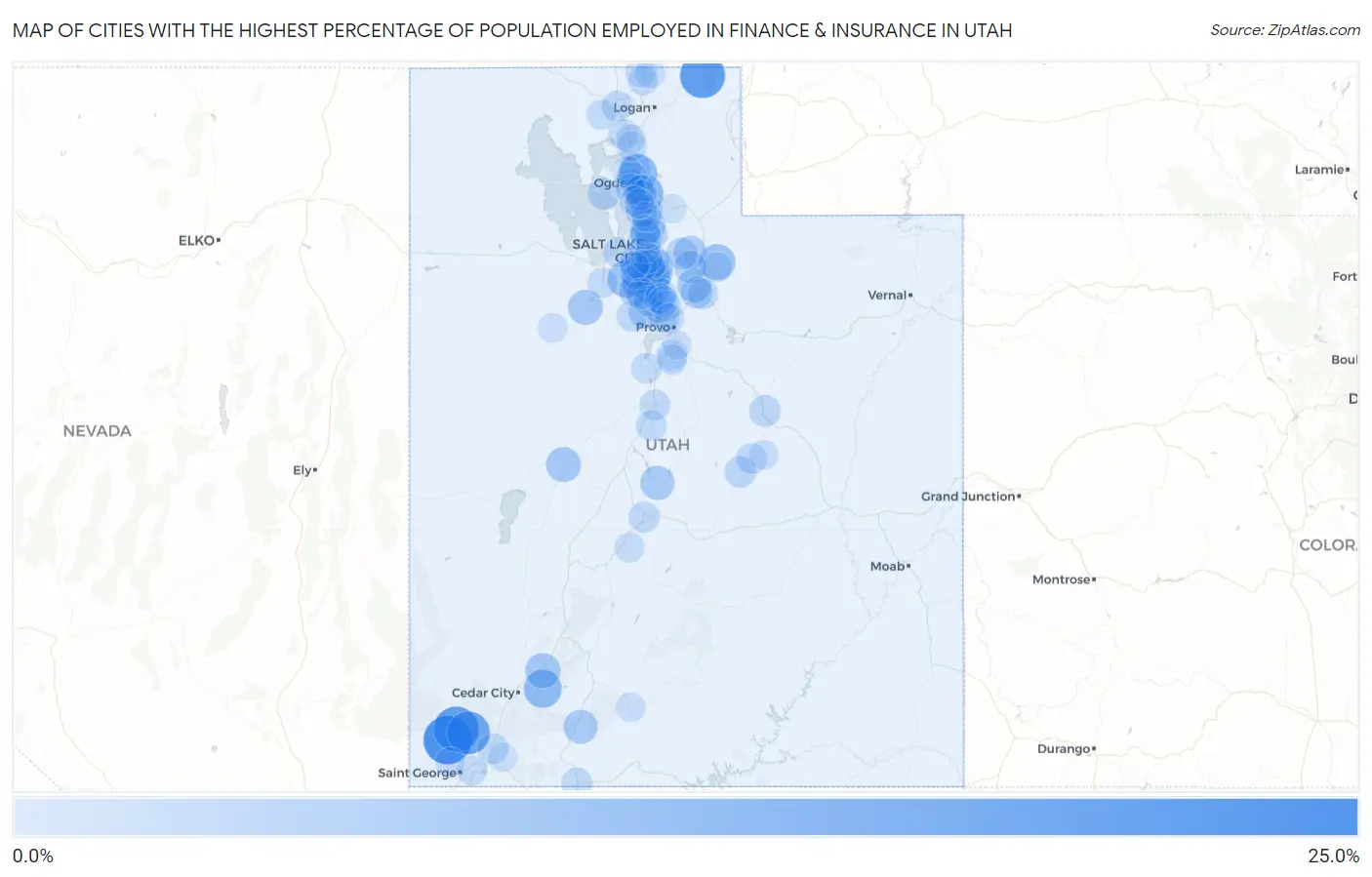 Cities with the Highest Percentage of Population Employed in Finance & Insurance in Utah Map