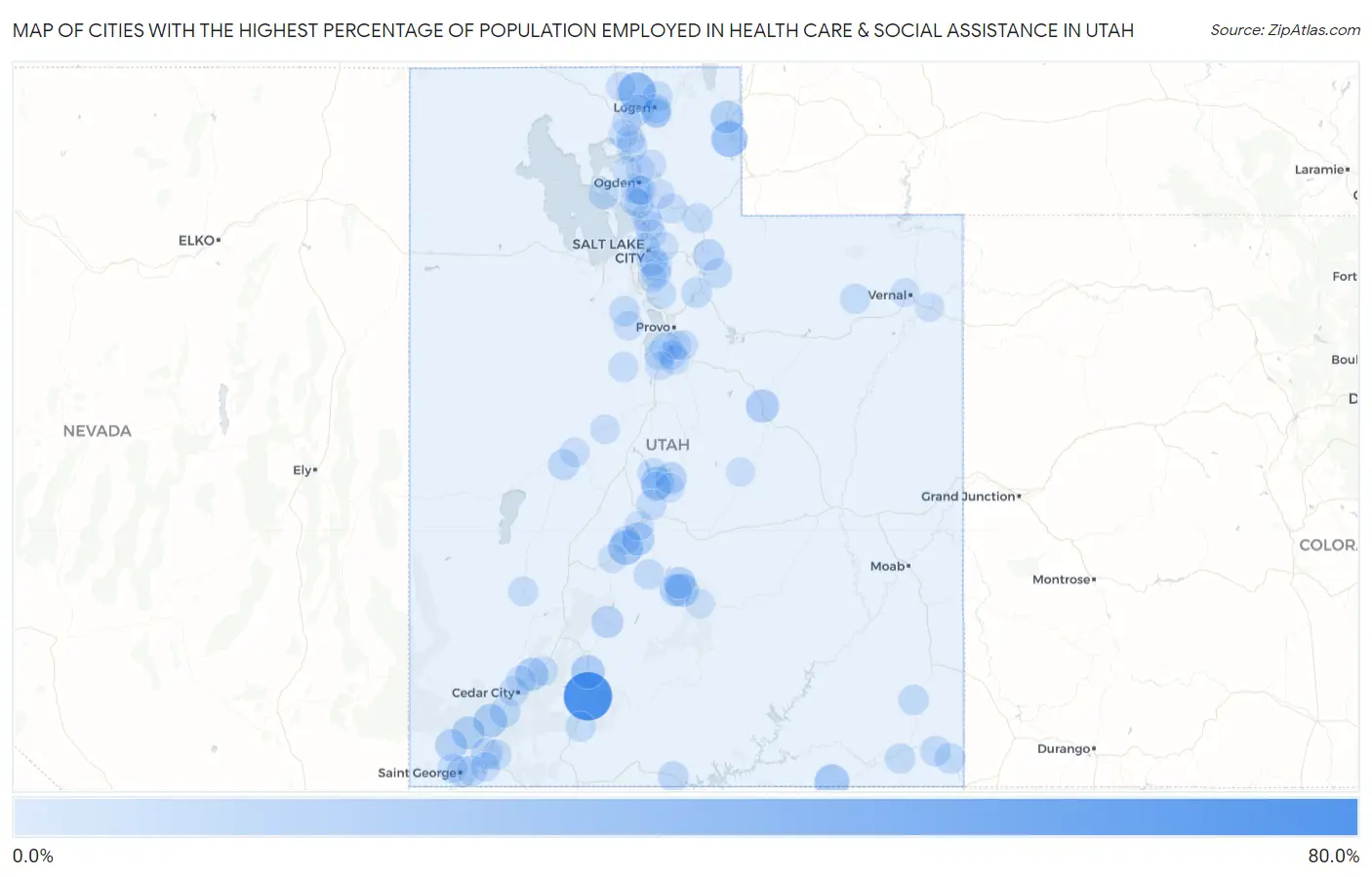 Cities with the Highest Percentage of Population Employed in Health Care & Social Assistance in Utah Map