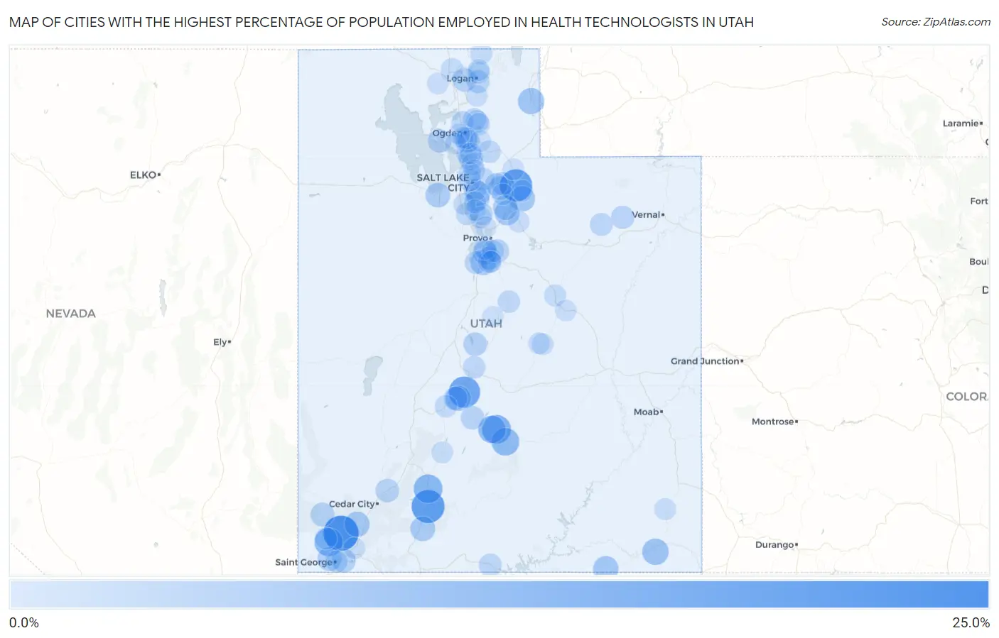 Cities with the Highest Percentage of Population Employed in Health Technologists in Utah Map