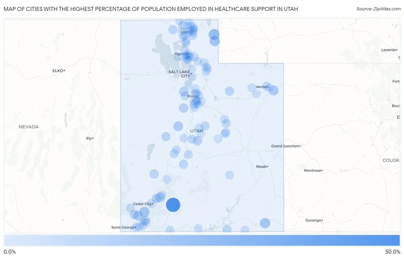 Cities with the Highest Percentage of Population Employed in Healthcare Support in Utah Map
