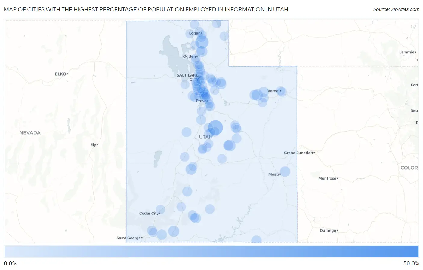 Cities with the Highest Percentage of Population Employed in Information in Utah Map