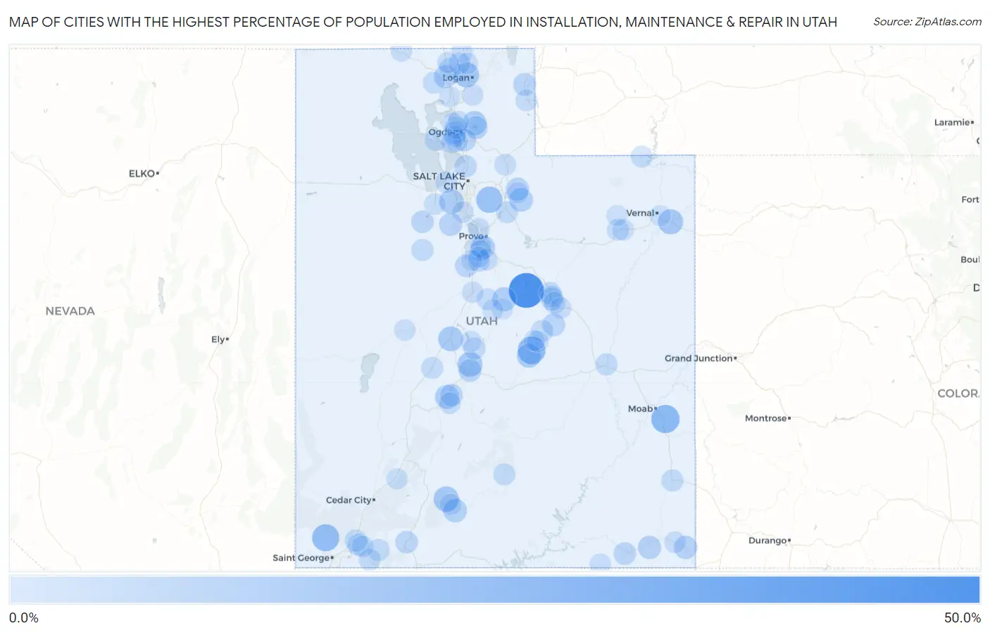 Cities with the Highest Percentage of Population Employed in Installation, Maintenance & Repair in Utah Map