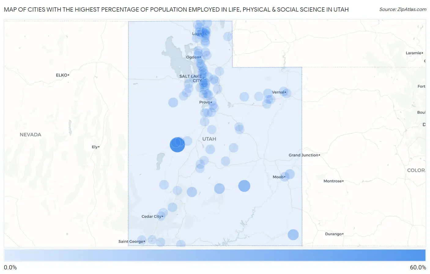 Cities with the Highest Percentage of Population Employed in Life, Physical & Social Science in Utah Map