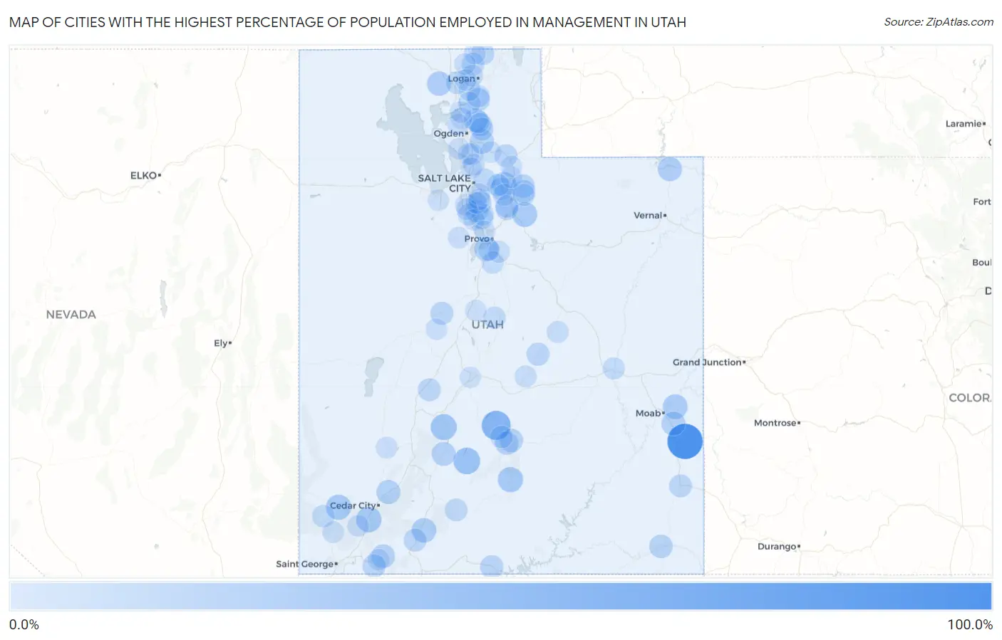 Cities with the Highest Percentage of Population Employed in Management in Utah Map