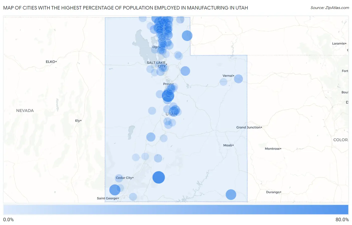 Cities with the Highest Percentage of Population Employed in Manufacturing in Utah Map