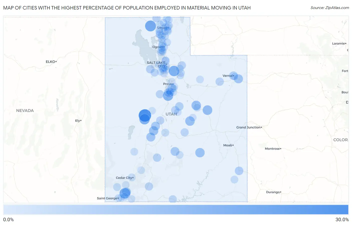 Cities with the Highest Percentage of Population Employed in Material Moving in Utah Map