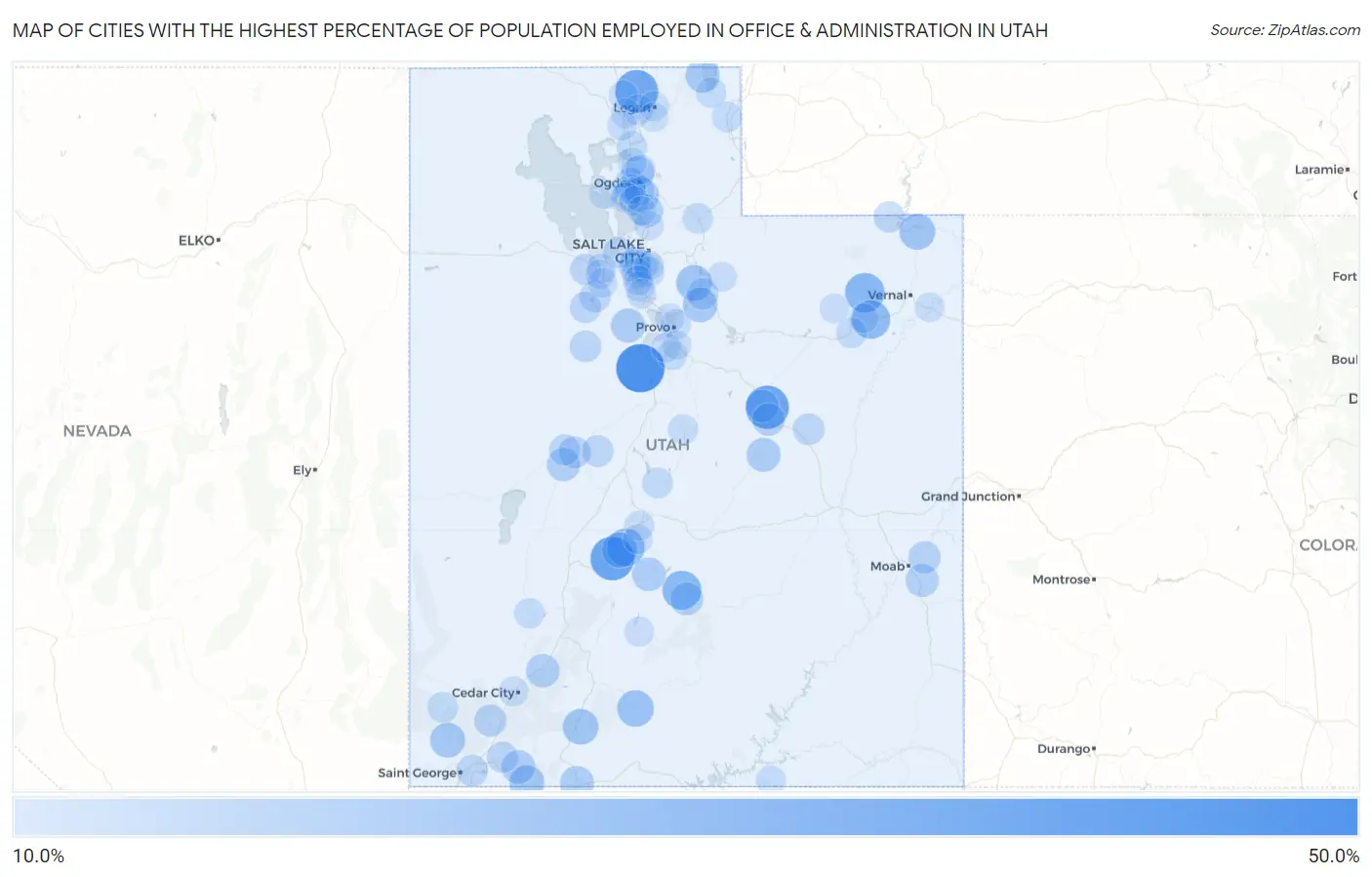 Cities with the Highest Percentage of Population Employed in Office & Administration in Utah Map