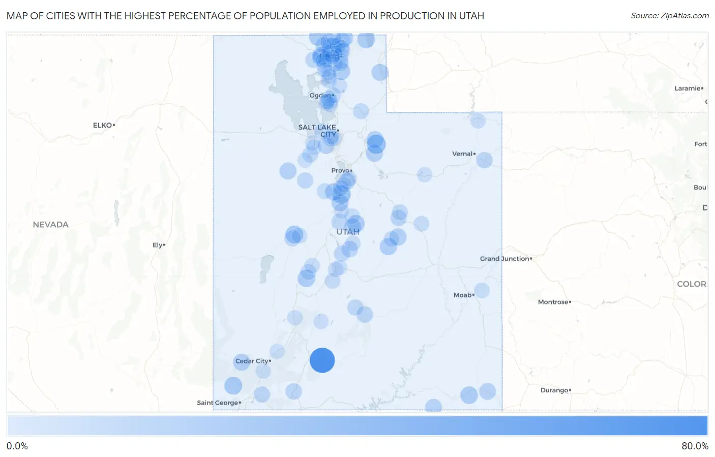 Cities with the Highest Percentage of Population Employed in Production in Utah Map