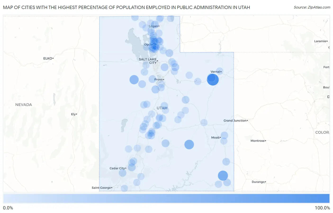 Cities with the Highest Percentage of Population Employed in Public Administration in Utah Map