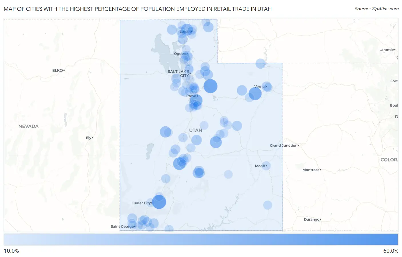 Cities with the Highest Percentage of Population Employed in Retail Trade in Utah Map