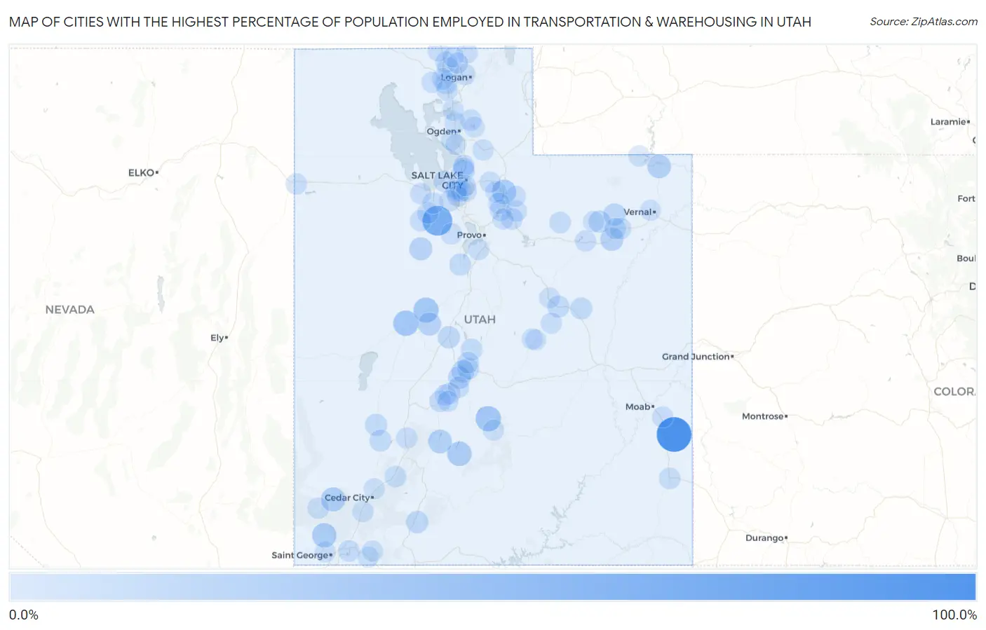 Cities with the Highest Percentage of Population Employed in Transportation & Warehousing in Utah Map