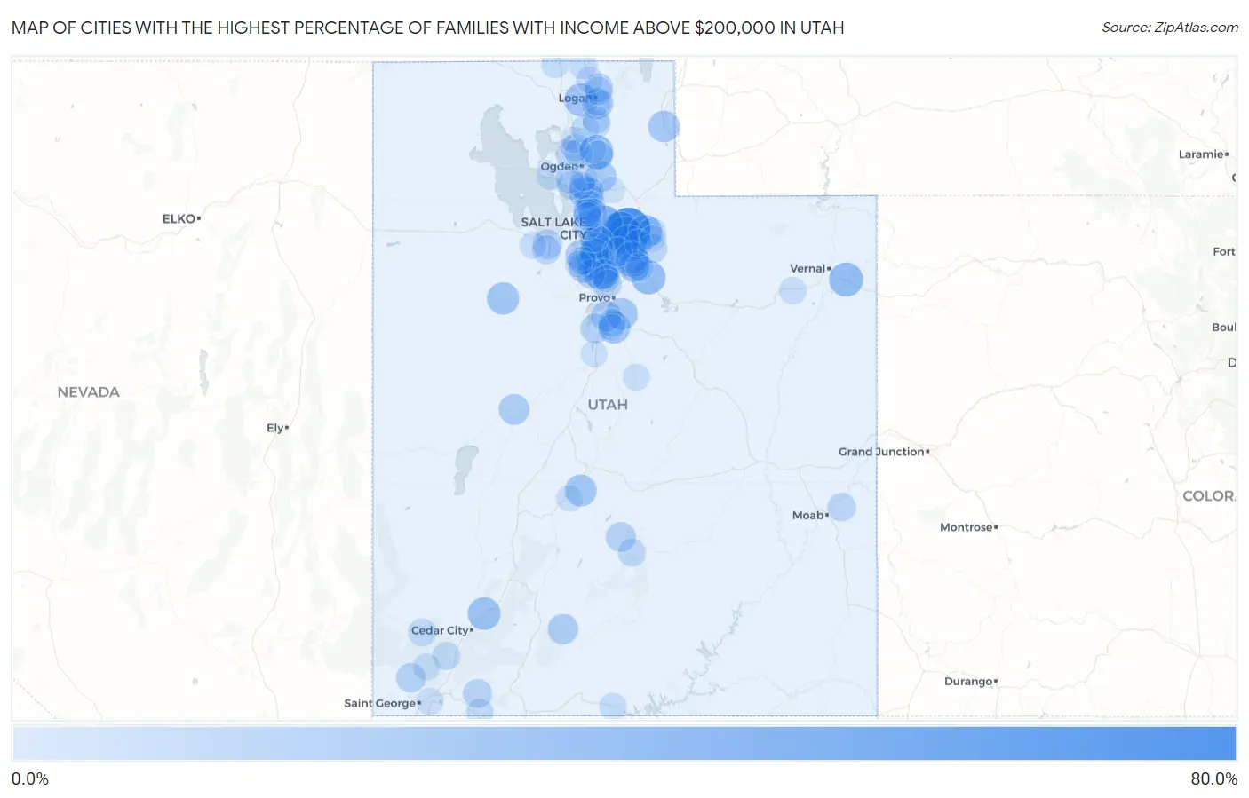 Cities with the Highest Percentage of Families with Income Above $200,000 in Utah Map