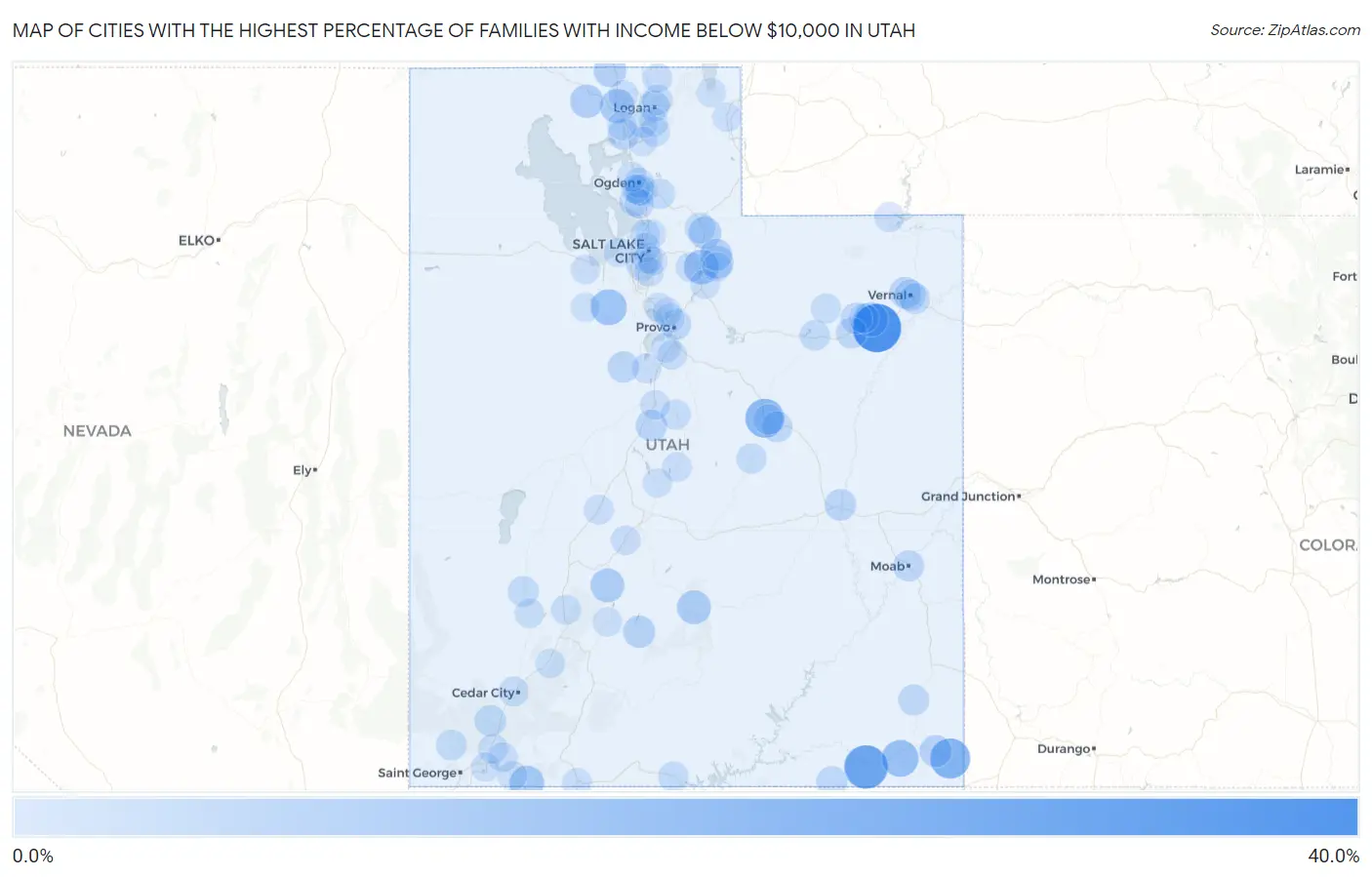 Cities with the Highest Percentage of Families with Income Below $10,000 in Utah Map