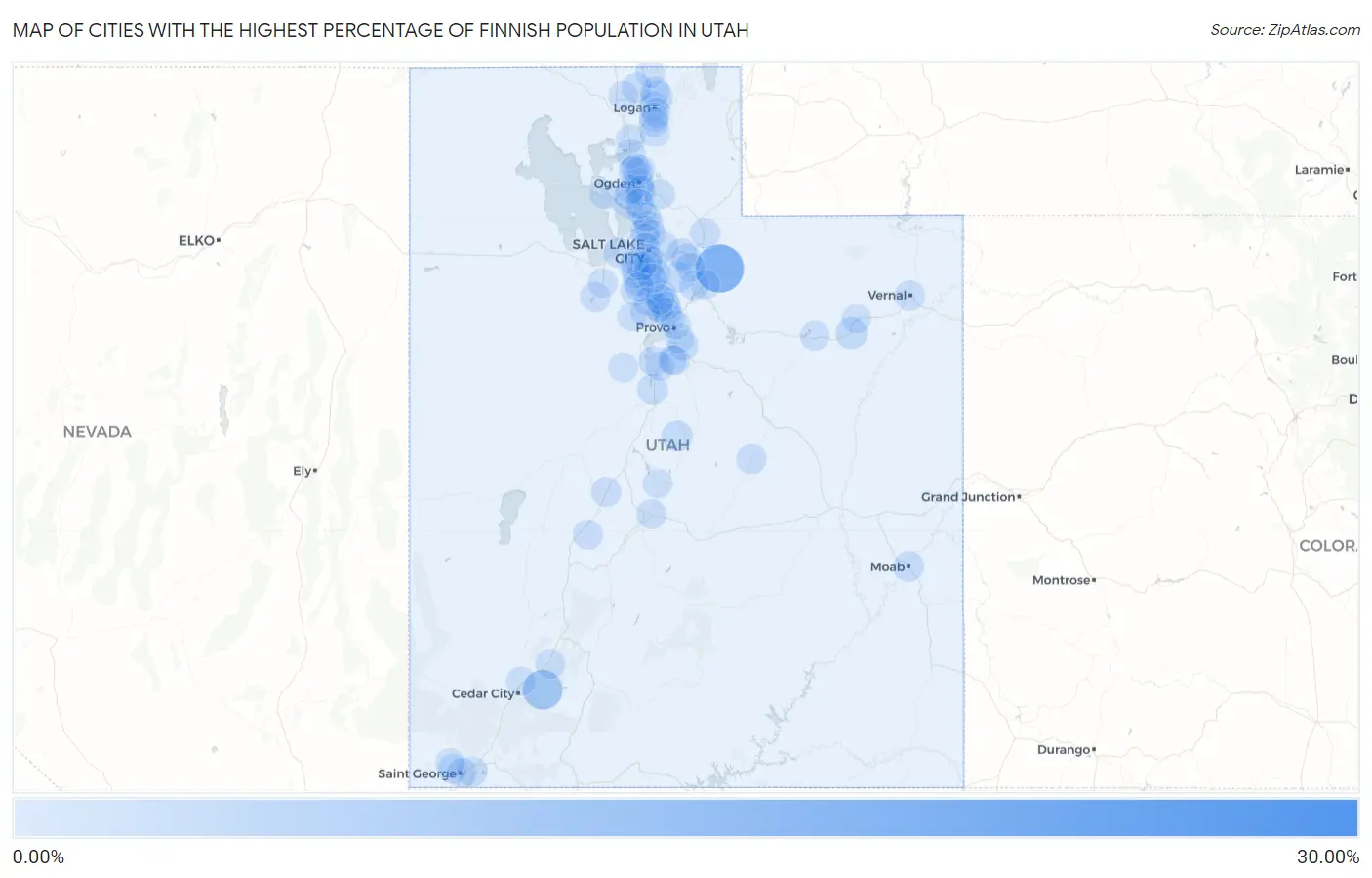 Cities with the Highest Percentage of Finnish Population in Utah Map