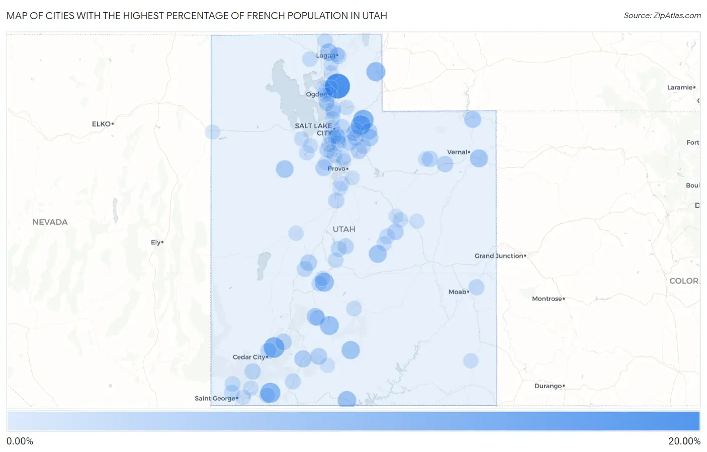 Cities with the Highest Percentage of French Population in Utah Map