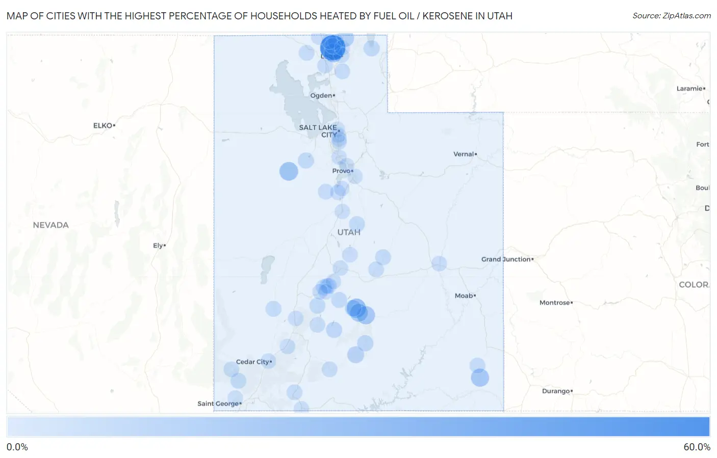 Cities with the Highest Percentage of Households Heated by Fuel Oil / Kerosene in Utah Map