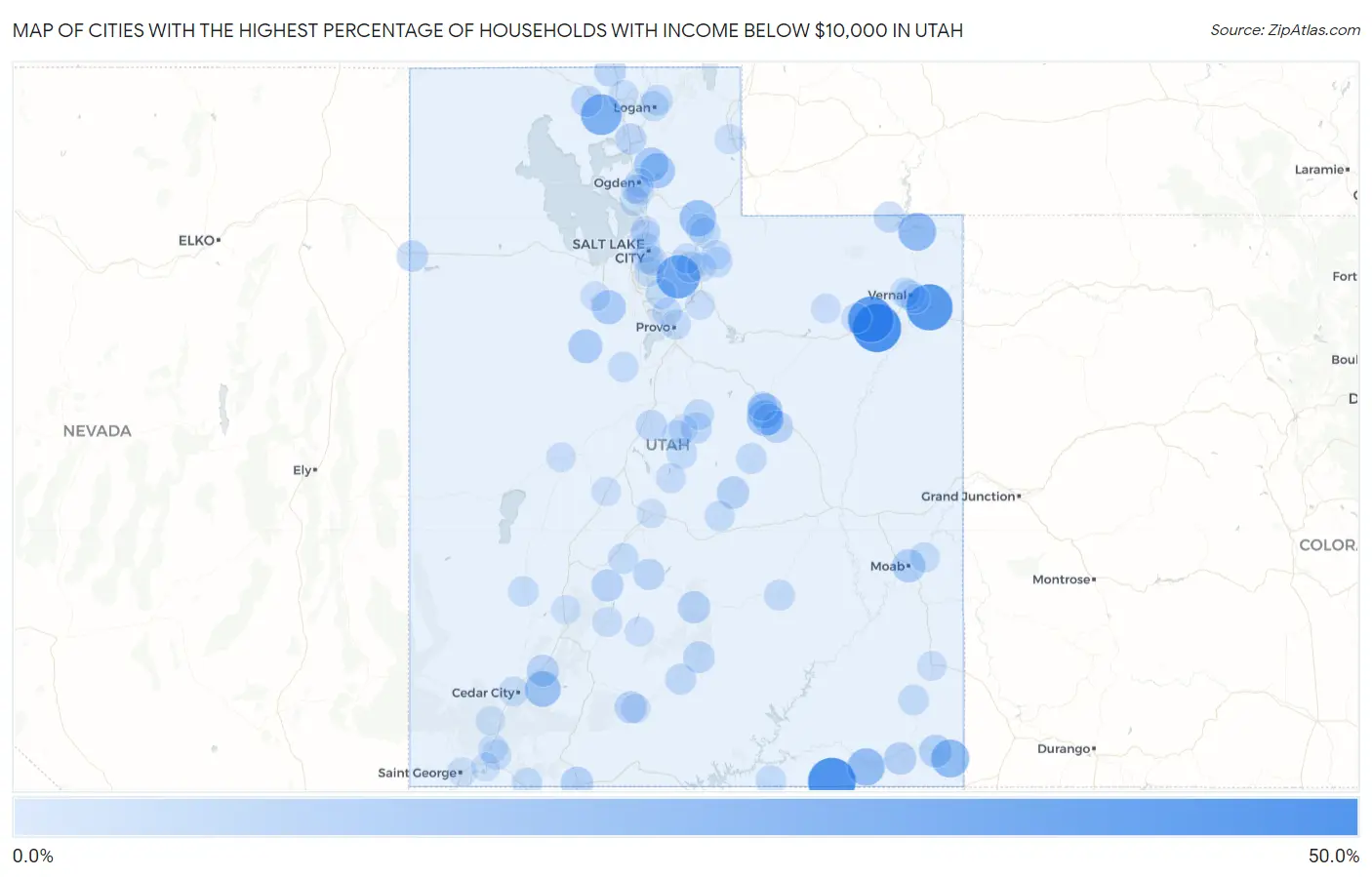 Cities with the Highest Percentage of Households with Income Below $10,000 in Utah Map