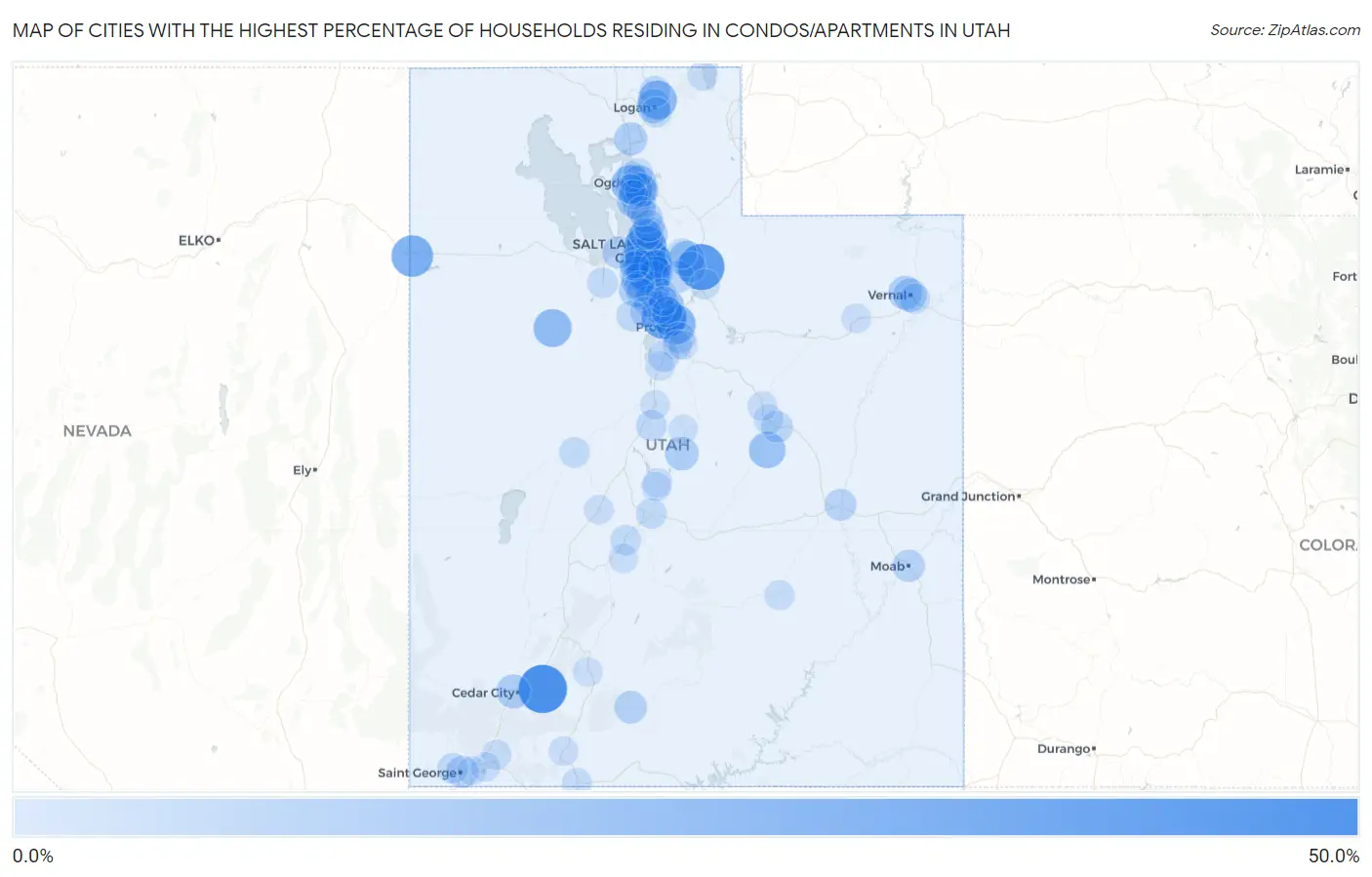 Cities with the Highest Percentage of Households Residing in Condos/Apartments in Utah Map